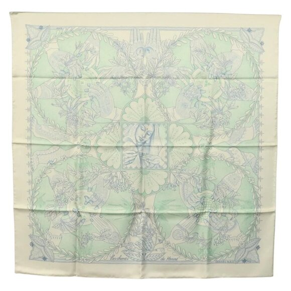 HERMES Carre 90 Scarf ""Les chants du Henne"" Silk Peppermint Auth am8731 - Picture 5 of 15